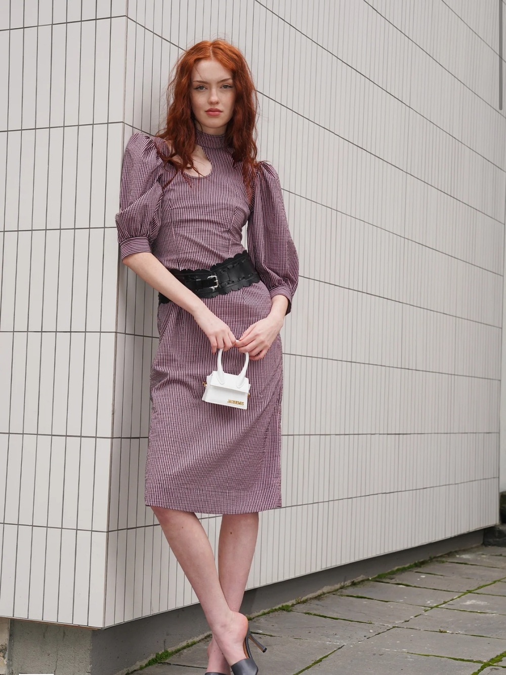 Ganni Stretchable Seersucker Striped Asymmetrical Cutout Midi Dress Mauve L $280